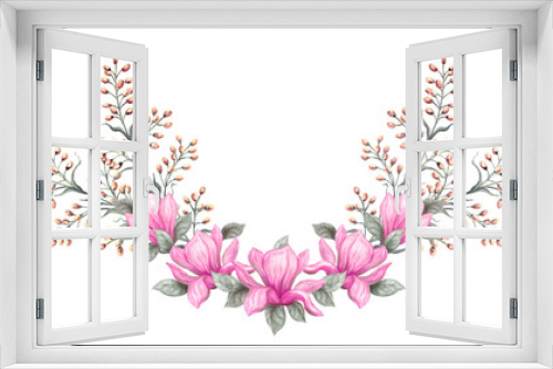 Fototapeta Naklejka Na Ścianę Okno 3D - Floral spring magnolia ornament. Hand drawn painting watercolor pencils and paints pink magnolia flowers