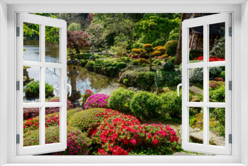 Fototapeta Naklejka Na Ścianę Okno 3D - Rhododendron   blossom  and  topiary  art  in Maulivrier - Japanese  Garden . France.