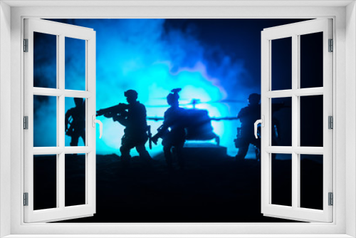Fototapeta Naklejka Na Ścianę Okno 3D - Artwork decoration. Soldiers in the desert during the military operation with combat helicopter or Helicopter assault special forces.