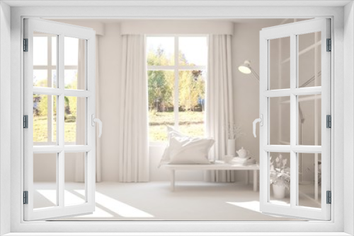 Stylish empty room in white color with autumn landscape in window. Scandinavian interior design. 3D illustration