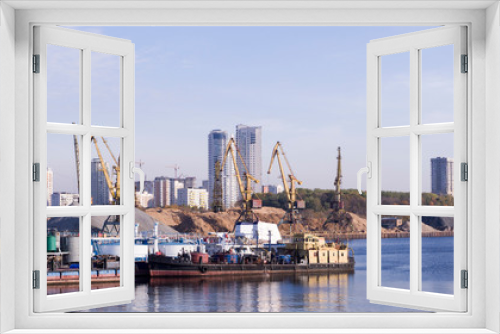Fototapeta Naklejka Na Ścianę Okno 3D - industrial sea harbor with ship and crane. background, business.