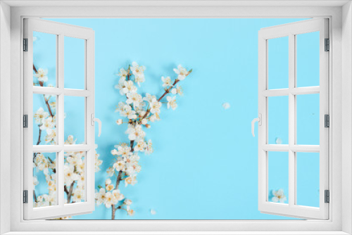 Fototapeta Naklejka Na Ścianę Okno 3D - Flowers composition. Spring background with beautiful white flowering branches on pastel blue background. Spring and holiday concept. Flat lay, top view, copy space