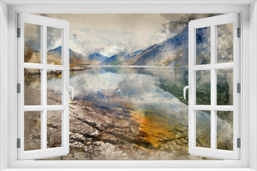Fototapeta Naklejka Na Ścianę Okno 3D - Watercolor painting of Stunning landscape of Wast Water with reflections in calm lake water in Lake District