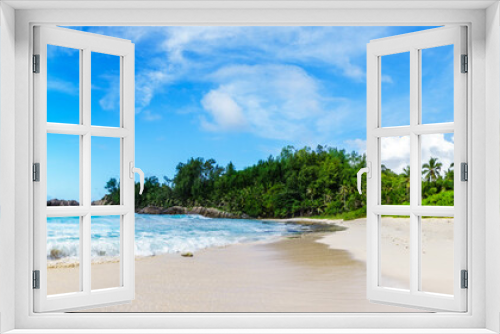 Fototapeta Naklejka Na Ścianę Okno 3D - panorama of tropical beach.palms,granite rocks and turquoise water,seychelles 2