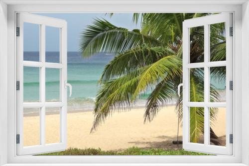 Fototapeta Naklejka Na Ścianę Okno 3D - Relax swing hangs from coconut palm tree in the tropical breeze of exotic island with white sand beach and turquoise shallow clear sea water, an idyllic paradise as travel destination for holiday