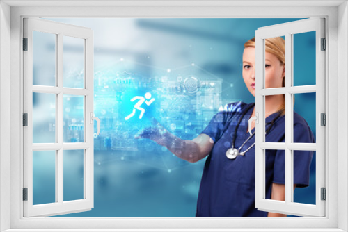 Doctor touching hologram screen displaying healthcare running symbols
