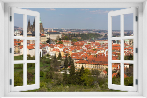 Fototapeta Naklejka Na Ścianę Okno 3D - Spring Prague City with gothic Castle and the green Nature and flowering Trees, Czech Republic