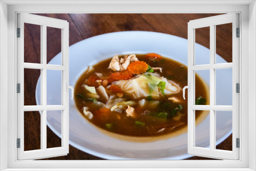 Fototapeta Naklejka Na Ścianę Okno 3D - Mixed tofu and chicken in oyster soup in white plate.