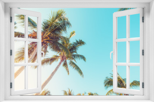 Fototapeta Naklejka Na Ścianę Okno 3D - Palm tree on tropical beach with blue sky and sunlight in summer, uprisen angle. vintage filter effect