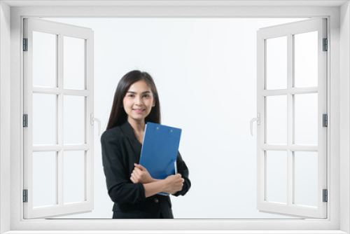 Asian business women are smiling and holding with clipboard  for working happy on white background