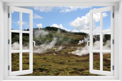 Fototapeta Naklejka Na Ścianę Okno 3D - Orakei Korako hidden geothermal valley: View on steaming hills (Fumaroles)