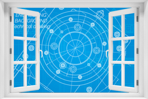 Mechanical engineering drawings on blue background. Milling machine spindle. Technical Design. Cover. Blueprint.