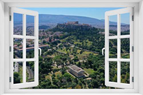 Fototapeta Naklejka Na Ścianę Okno 3D - Aerial photo of iconic Ancient Forum a true masterpiece in the heart of ancient Athens featuring Temple of Hephaestus and iconic Stoa of Attalos in the slopes of Acropolis hill, Attica, Greece