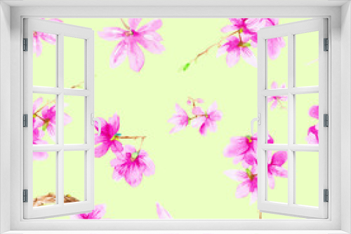 Fototapeta Naklejka Na Ścianę Okno 3D - Set of plum flowers,twigs and wreath. Watercolor illustration isolated on green background.Seamless pattern