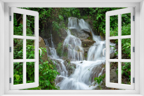 Fototapeta Naklejka Na Ścianę Okno 3D - Mountain river stream waterfall fresh forest / Landscape nature plant tree rainforest jungle with rock and green mos in the morning wild tropical forest