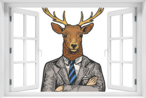 Fototapeta Naklejka Na Ścianę Okno 3D - Deer head businessman color sketch engraving vector illustration. Scratch board style imitation. Black and white hand drawn image.