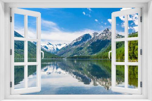 Fototapeta Naklejka Na Ścianę Okno 3D - Awesome landscape of snowy Altai Mountains with crystal water, mountain lake, mountain forest, blue sky and beautiful clouds