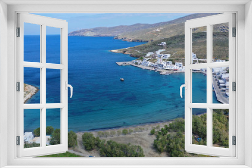 Fototapeta Naklejka Na Ścianę Okno 3D - Aerial drone photo of picturesque beautiful fishing village and small harbour of Panormos, Tinos island, Cyclades, Greece