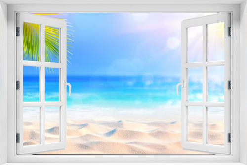 Fototapeta Naklejka Na Ścianę Okno 3D - Sunny Tropical Beach With Palm Leaves And Paradise Island