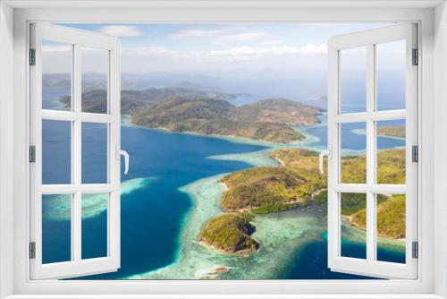 Fototapeta Naklejka Na Ścianę Okno 3D - aerial seascape Lagoons with blue, azure water in middle of small islands. Palawan, Philippines. tropical islands with blue lagoons, coral reef. Islands of the Malayan archipelago with turquoise