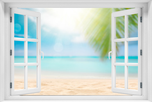 Fototapeta Naklejka Na Ścianę Okno 3D -  Sunny tropical beach with palm trees and turquoise water, caribbean island vacation, hot summer day
