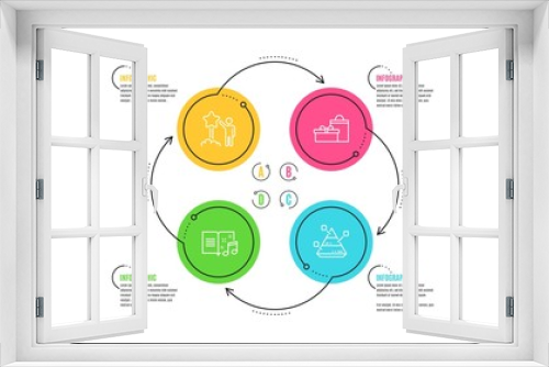 Music book, Star and Gifts icons simple set. Infographic timeline. Pyramid chart sign. Musical note, Launch rating, Birthday boxes. Report analysis. Business set. Cycle infographic. Vector