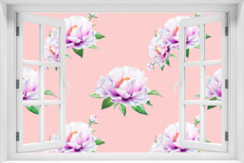 Fototapeta Naklejka Na Ścianę Okno 3D - Beautiful white peony seamless pattern. Bouquet of flowers. Floral texture. Marker drawing. Watercolor painting. Wedding and birthday composition.  Flower painted background. Hand drawn illustration.