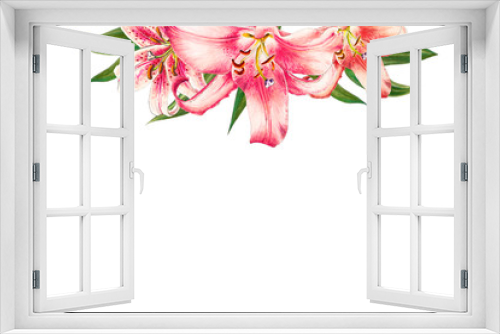 Fototapeta Naklejka Na Ścianę Okno 3D - Beautiful pink lily frame. Bouquet of flowers. Floral print. Marker drawing. Watercolor painting. Wedding and birthday festive composition. Greeting card. Painted background. Hand drawn illustration.