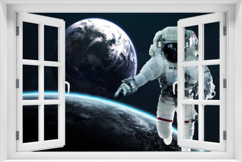 Fototapeta Naklejka Na Ścianę Okno 3D - View of Earth planet from moon. Astronauts in space. Elements of this image furnished by NASA