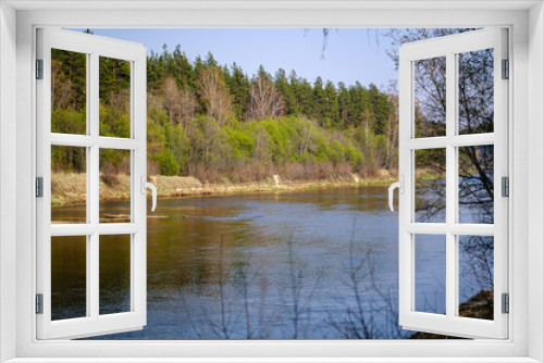 Fototapeta Naklejka Na Ścianę Okno 3D - riverside shore in spring with scenic trees and green pastures