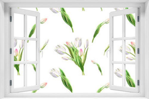 Fototapeta Naklejka Na Ścianę Okno 3D - Seamless pattern from beautiful white tulips. Floral collection. Marker drawing. Watercolor painting. Floral composition of design elements. Greeting card. Painted background. Hand drawn illustration.