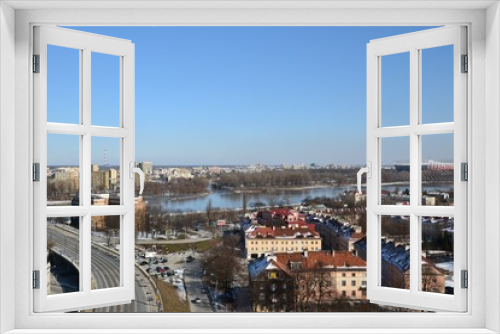 Fototapeta Naklejka Na Ścianę Okno 3D - Warsaw, Poland. Cityscape of Warsaw with Slasko-Dabrowski Bridge and Vistula river, aerial view from the bell tower of the St. Anne church. W-Z route