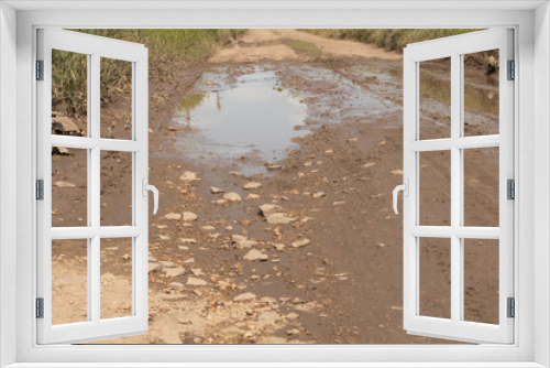 Fototapeta Naklejka Na Ścianę Okno 3D - Puddle on a dirt road in the countryside on the sides of which grows green grass