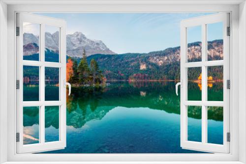 Fototapeta Naklejka Na Ścianę Okno 3D - Spectacular morning scene of Eibsee lake with Zugspitze mountain range on background. Colorful autumn view of Bavarian Alps, Germany, Europe. Beauty of nature concept background.