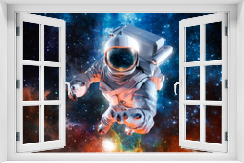 Fototapeta Naklejka Na Ścianę Okno 3D - I offer you the stars / 3D illustration of science fiction scene with astronaut floating in outer space reaching with open hand towards viewer