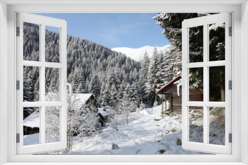 Fototapeta Naklejka Na Ścianę Okno 3D - house in the mountains