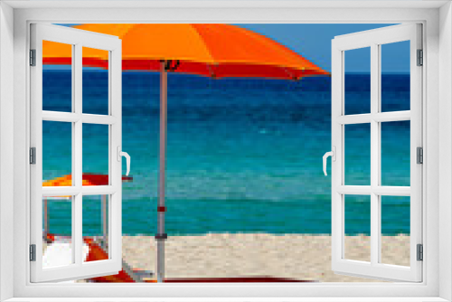 Fototapeta Naklejka Na Ścianę Okno 3D - Service on beach, colorful sun bed and parasol for rent on beautiful white sandy beach with crystal clear blue sea water