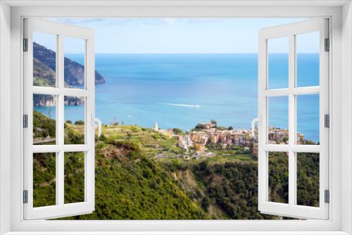 Fototapeta Naklejka Na Ścianę Okno 3D - Manarola / Italy - April 28 2019: View of the city of Corniglia (Cinque Terre) from the nearby hiking trails.