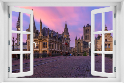 Fototapeta Naklejka Na Ścianę Okno 3D - Medieval city of Gent (Ghent) in Flanders with Saint Nicholas Church and Gent Town Hall, Belgium. Sunset cityscape of Gent.