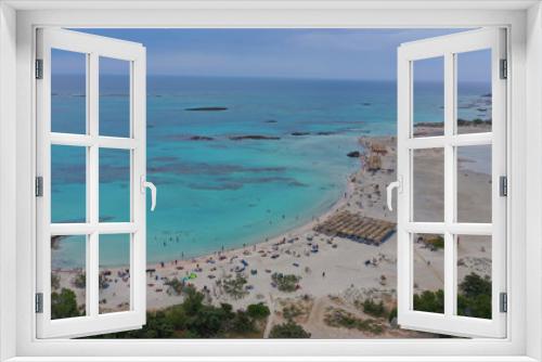Fototapeta Naklejka Na Ścianę Okno 3D - Aerial drone panoramic view photo of famous exotic paradise sandy deep turquoise beach of Elafonissi in South West Crete island, Greece
