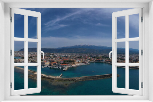 Fototapeta Naklejka Na Ścianę Okno 3D - Aerial drone panoramic view of iconic and picturesque Venetian old port of Chania with famous landmark lighthouse and traditional character, Crete island, Greece