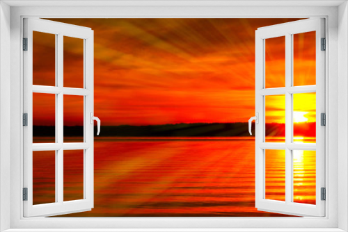 Fototapeta Naklejka Na Ścianę Okno 3D - Sunbeams On a bright sunset by the lake, red