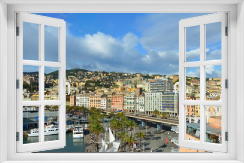 Fototapeta Naklejka Na Ścianę Okno 3D - Top aerial scenic panoramic view from above of old historical centre quarter and modern districts of european city Genoa (Genova) and harbor of Ligurian and Mediterranean Sea, Liguria, Italy