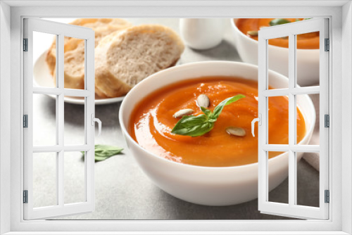 Fototapeta Naklejka Na Ścianę Okno 3D - Bowl of tasty sweet potato soup on table