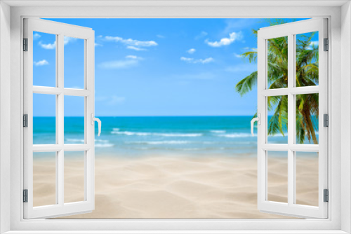 Fototapeta Naklejka Na Ścianę Okno 3D - Beach with blurry blue ocean and sky,palm tree background ,Summer Concept .
