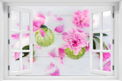 Fototapeta Naklejka Na Ścianę Okno 3D - Beautiful soft pink peonies in vase on white wooden background outdoors. Summer flowers in blossom. Nature, fresh pink flowers concept