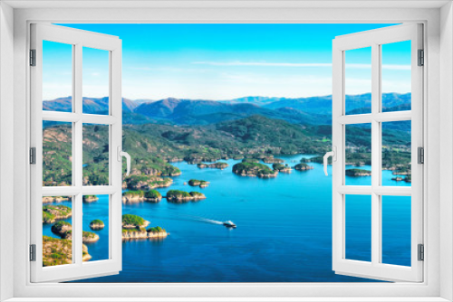 Fototapeta Naklejka Na Ścianę Okno 3D - Beautiful aerial view of fjord landscape with small village  and ferry on the ocean near Bergen, Norway
