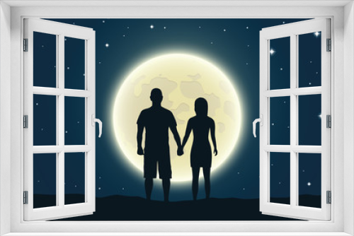 Fototapeta Naklejka Na Ścianę Okno 3D - romantic night loving couple is looking at the full moon vector illustration EPS10