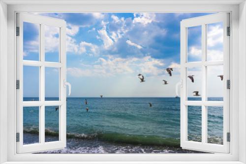 Fototapeta Naklejka Na Ścianę Okno 3D - Flying seagulls on the background of calm sea