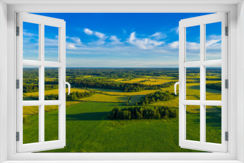 Fototapeta Naklejka Na Ścianę Okno 3D - Top aerial panoramic view of green fields and meadows in summer. Abstract landscape with lines of fields, grass, trees, sunny sky and lush foliage. Landscape with drone.